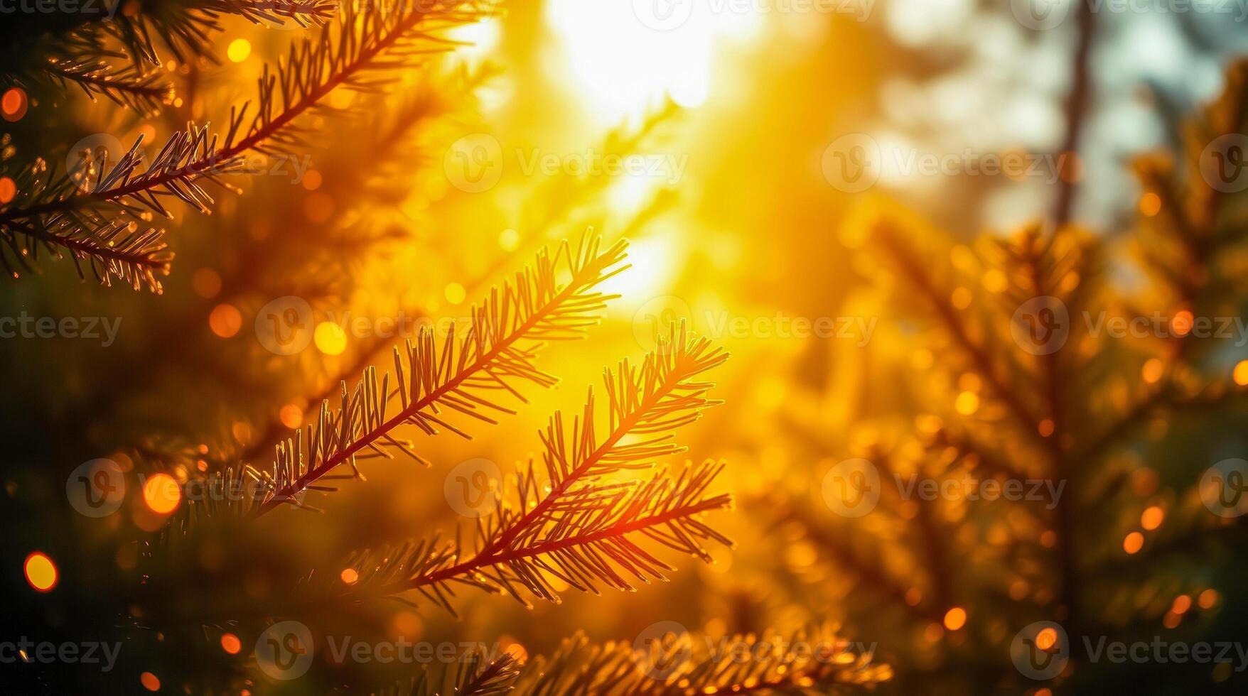 golden sunlight through evergreen branches photo