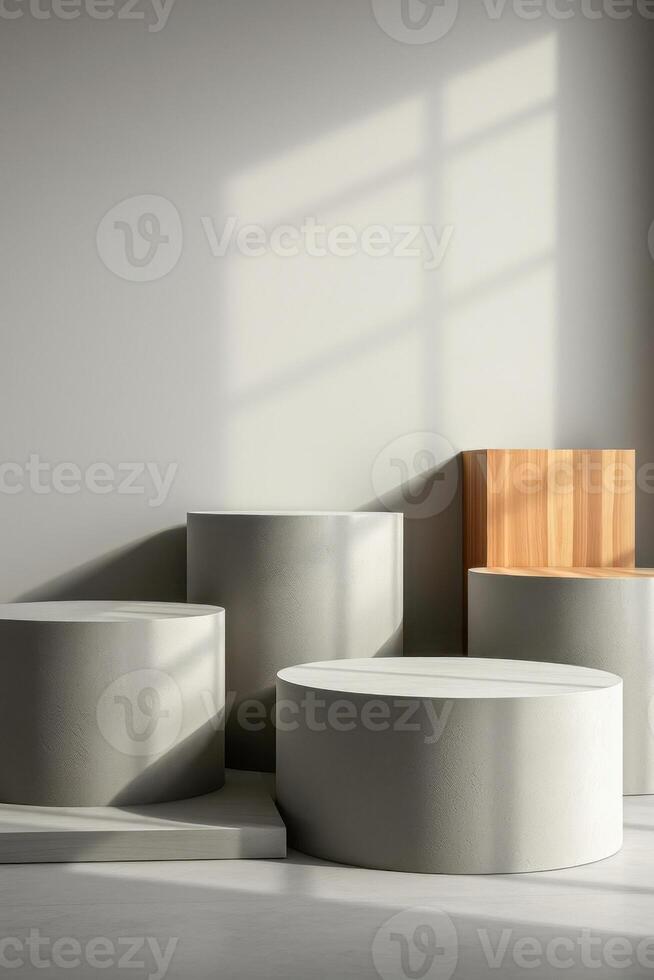 minimalist display with cylindrical forms wooden block photo