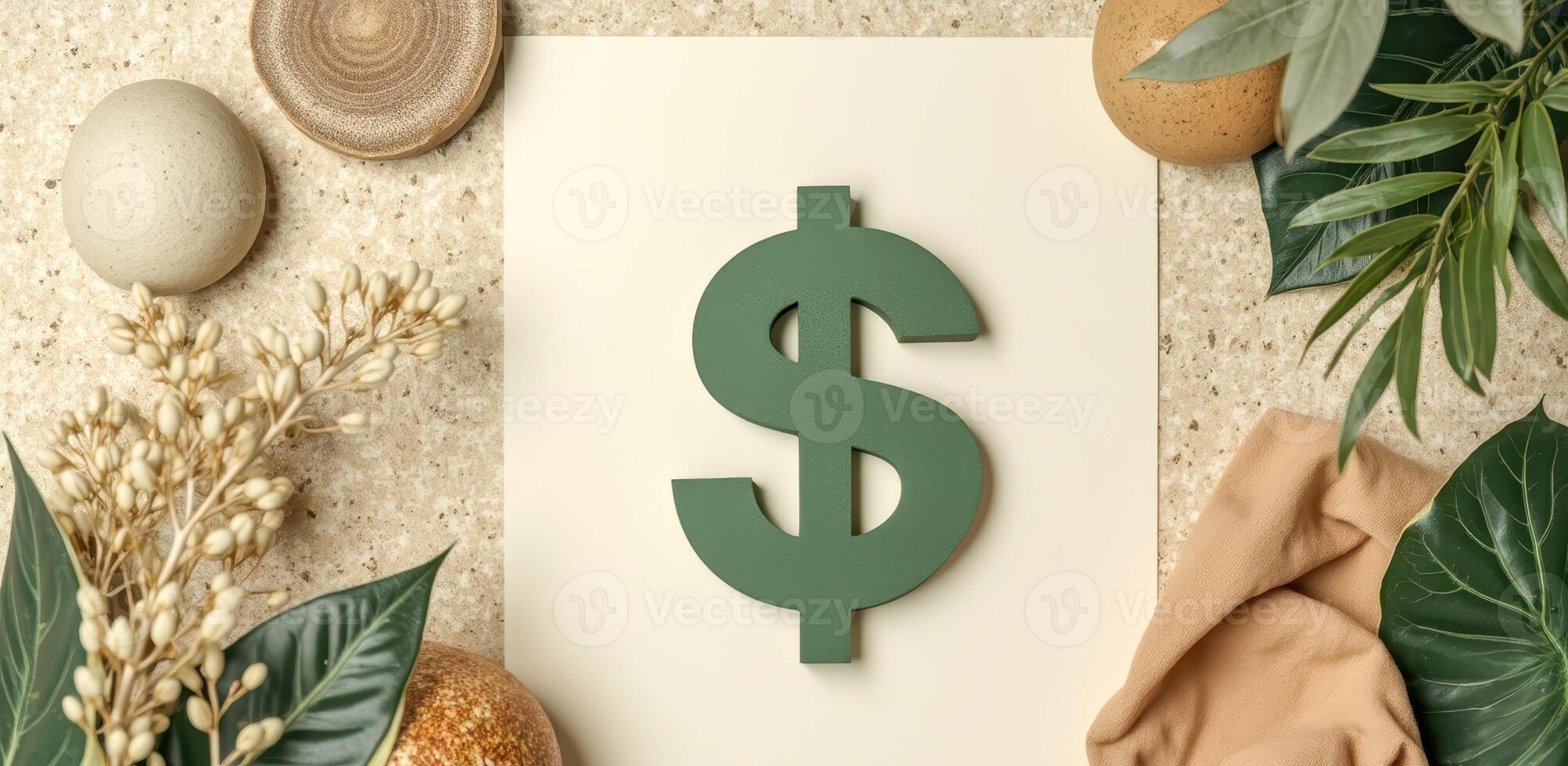 sage green dollar sign on a beige surface with natural elements photo
