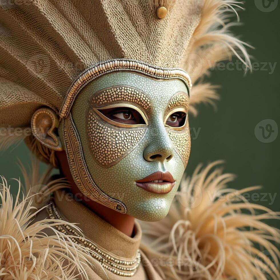 woman an ornate mask feathered headdress photo