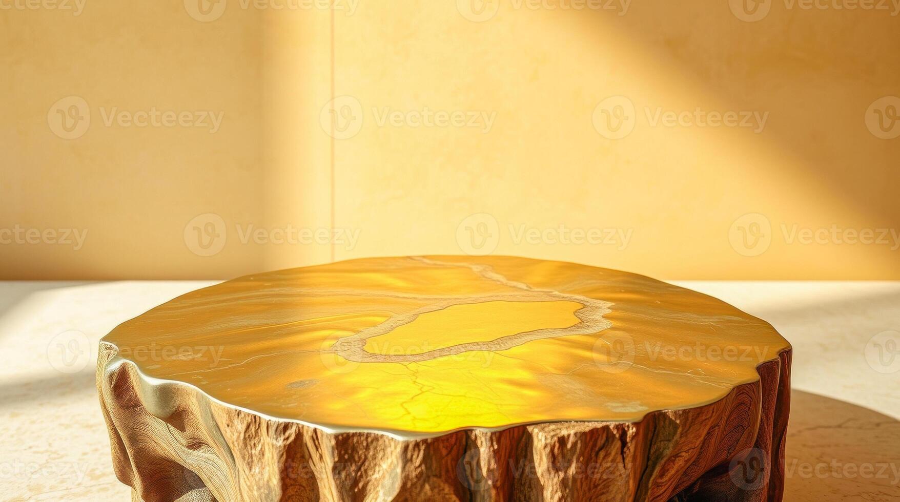 polished golden table with a natural wood base photo