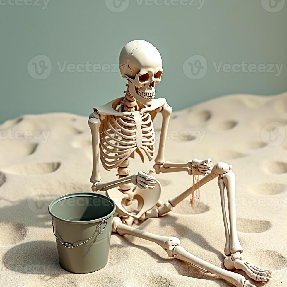 skeletal figure on sandy beach with pail photo