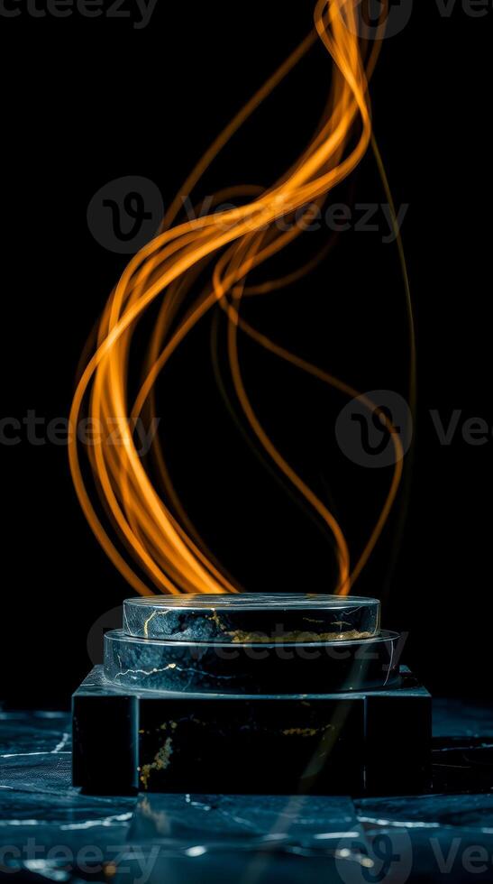 layered marble platform with dynamic light trails photo