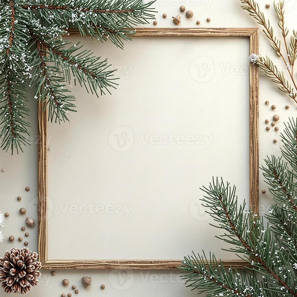 wooden frame decorated with pine small spheres photo