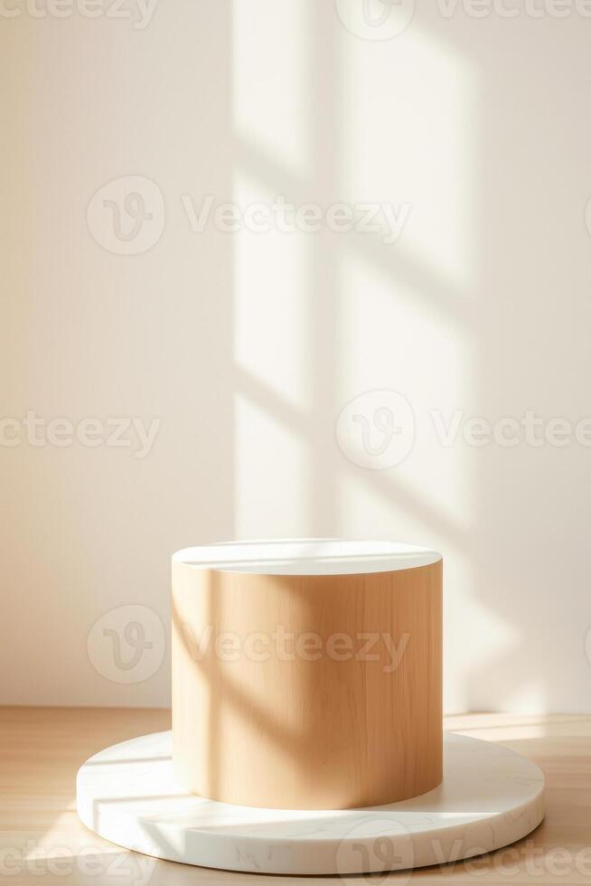 cylindrical wooden pedestal with marble base photo