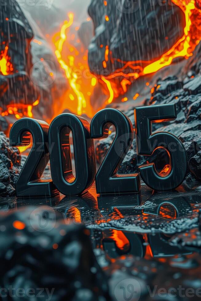 three-dimensional digits 2025 rest on wet volcanic rock near flowing lava. photo