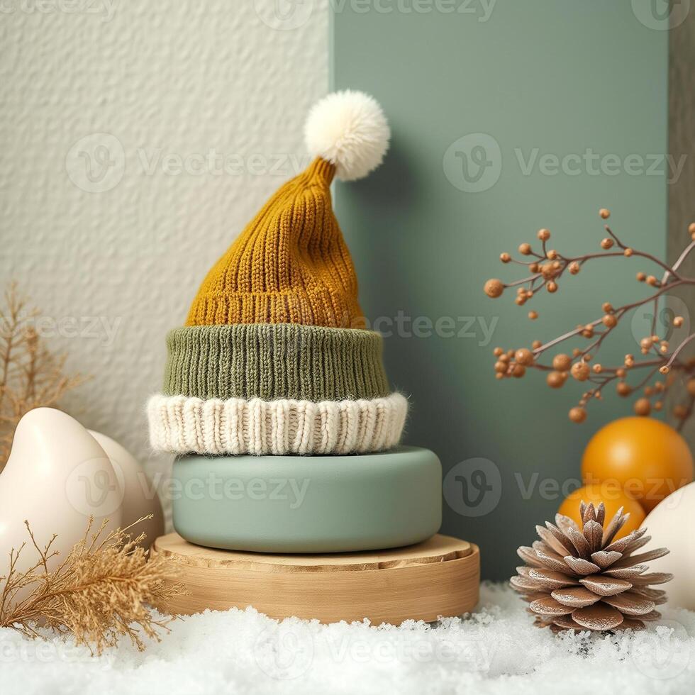 tri-color knitted winter hat on circular platforms photo