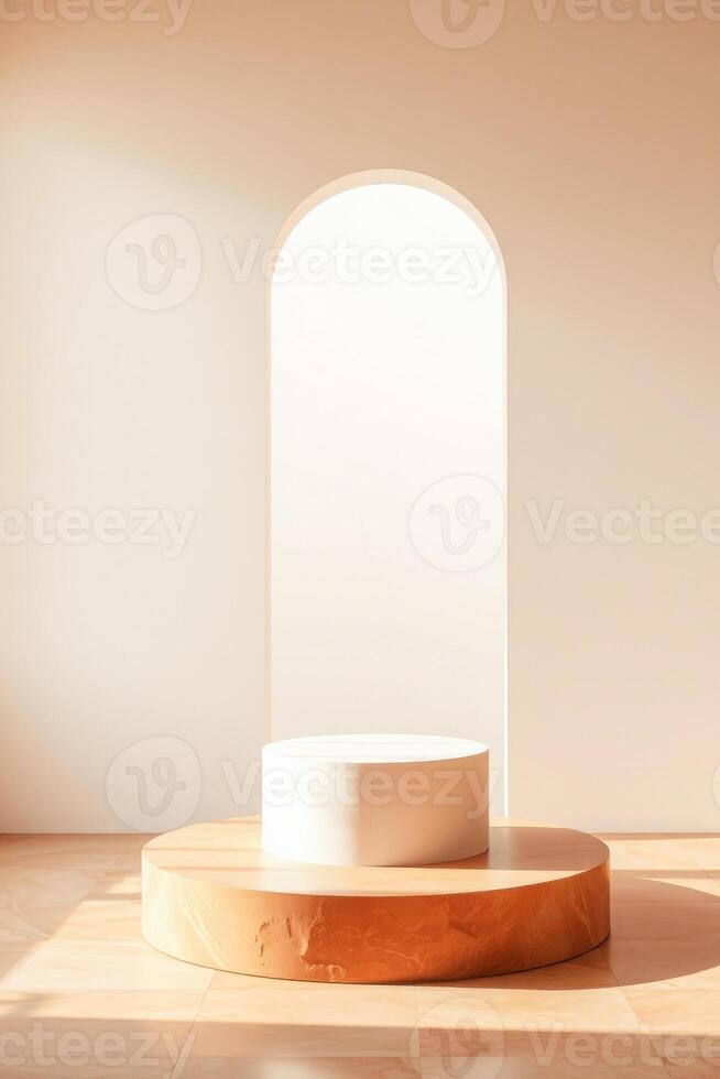 white pedestal on round wooden base minimalist studio photo
