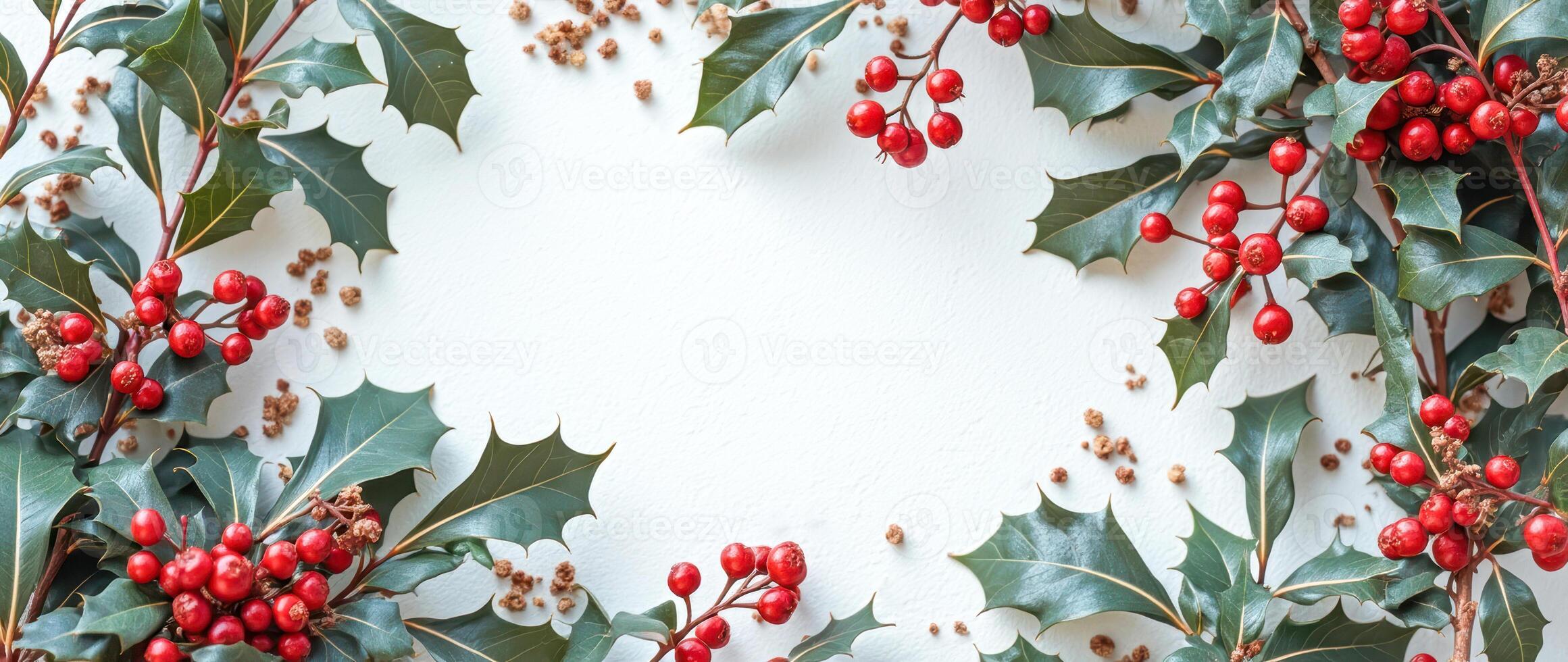 frame red berries green leaves on white photo