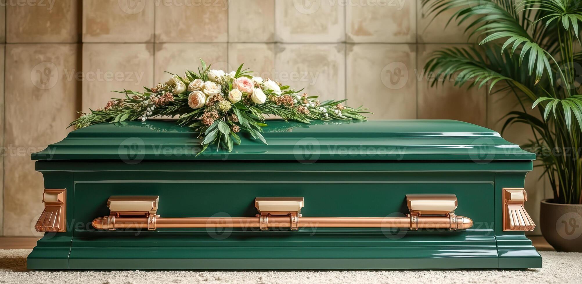 dark green casket with rose greenery arrangement photo