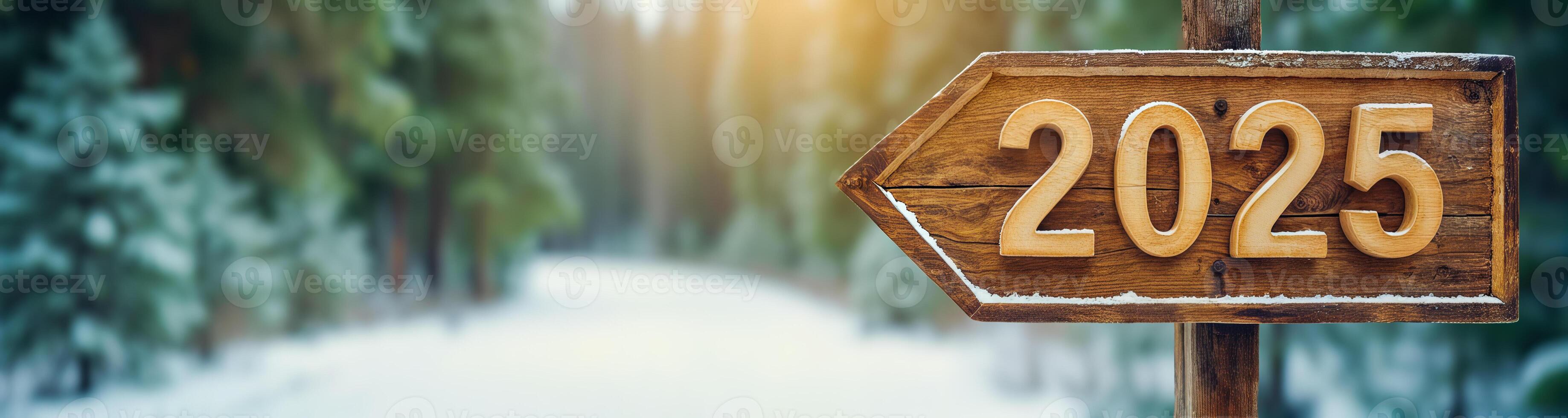snowy wooden signpost directs toward 2025 photo