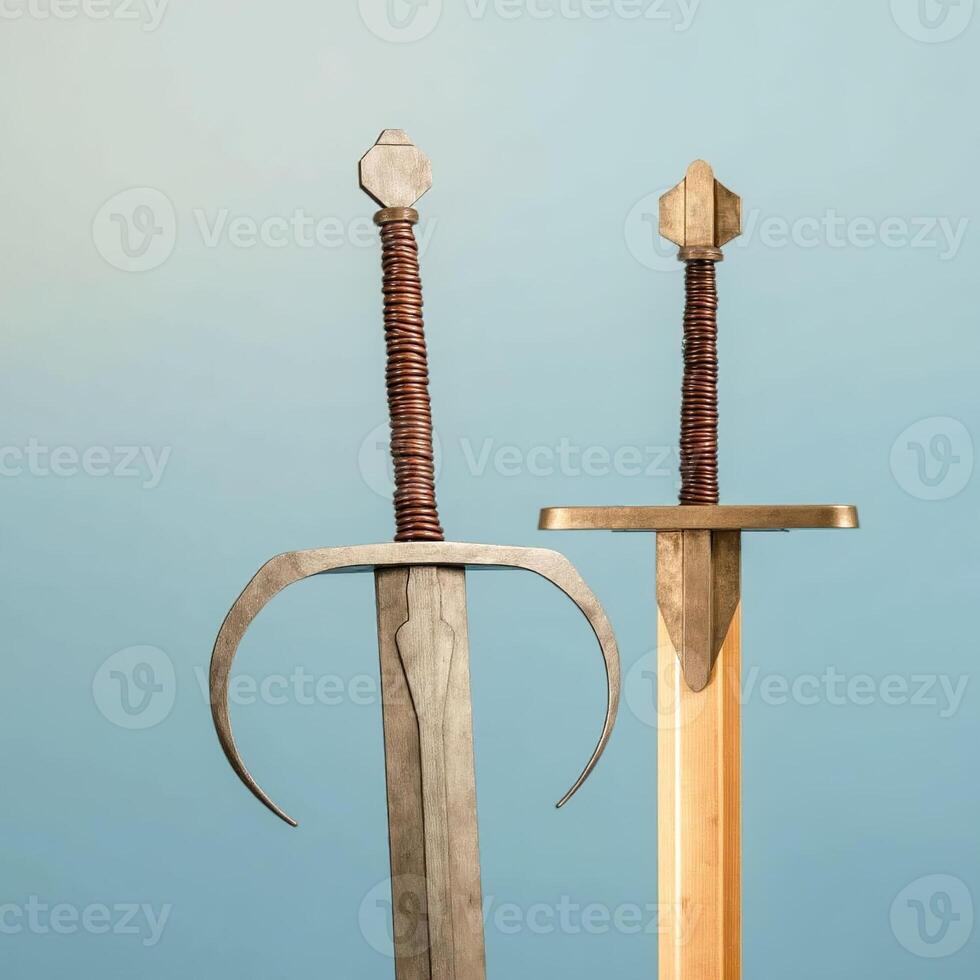 two swords with contrasting designs are displayed against a light-blue backdrop. photo