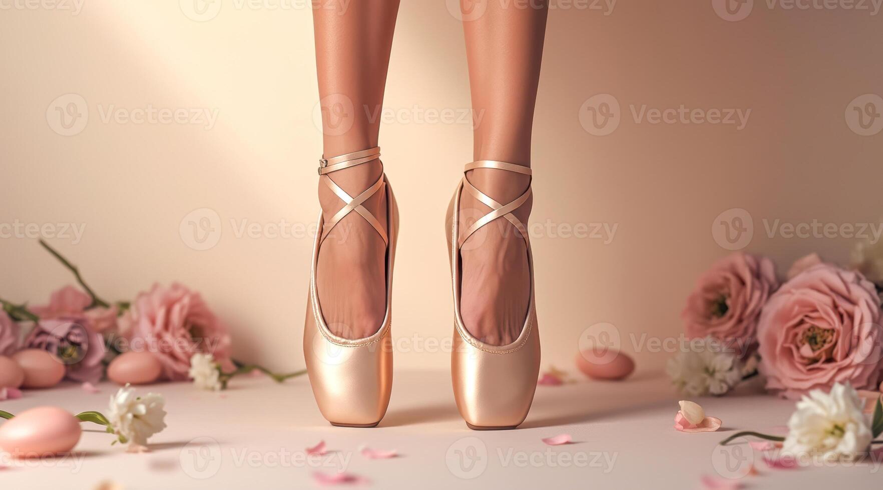 elegant golden pointe shoes amidst pastel flowers photo
