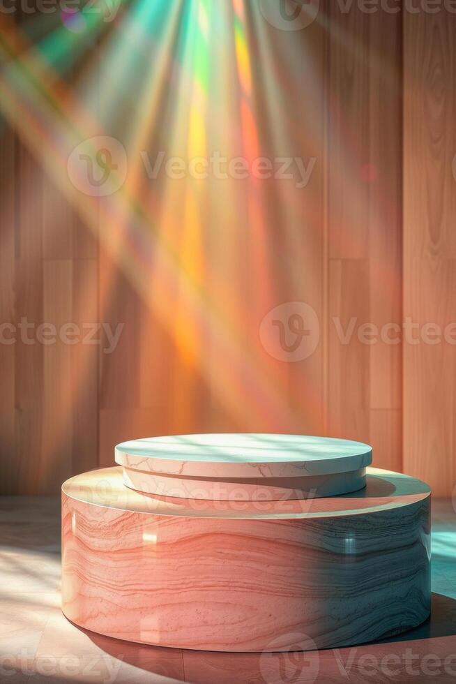 two-tiered cylindrical display stand with colorful lighting photo