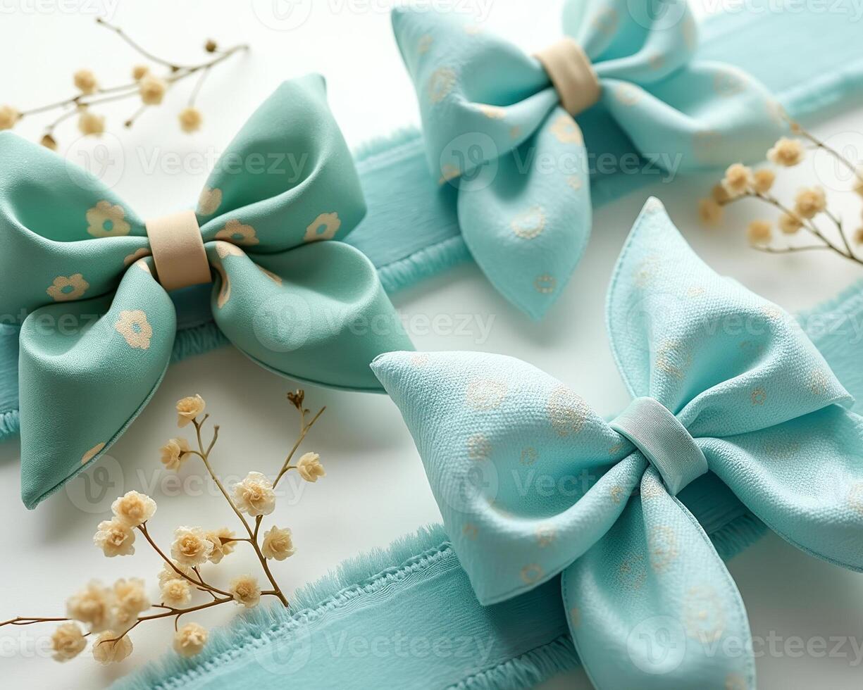 three light teal fabric bows with floral photo