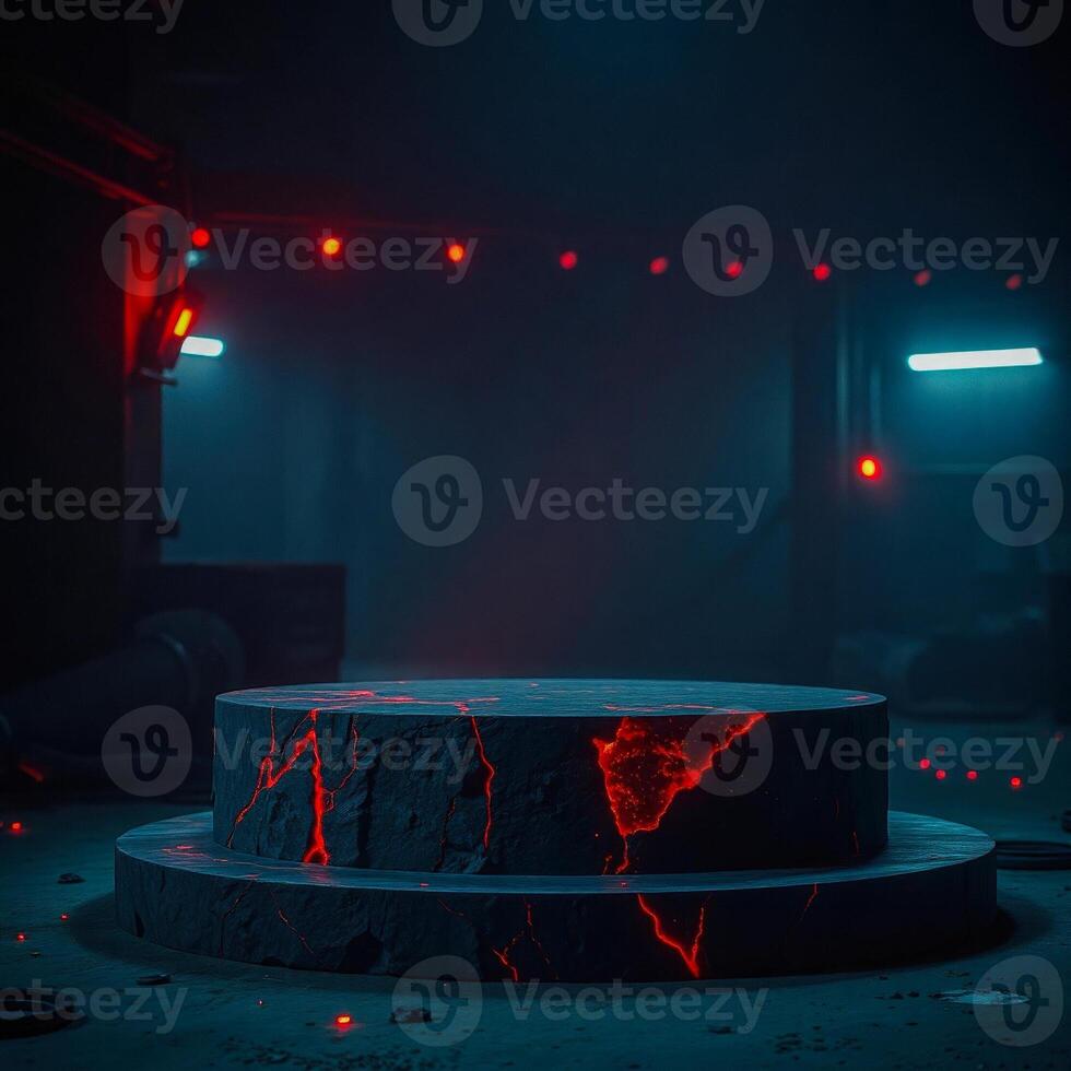 two-tiered stone platform with glowing red lines photo