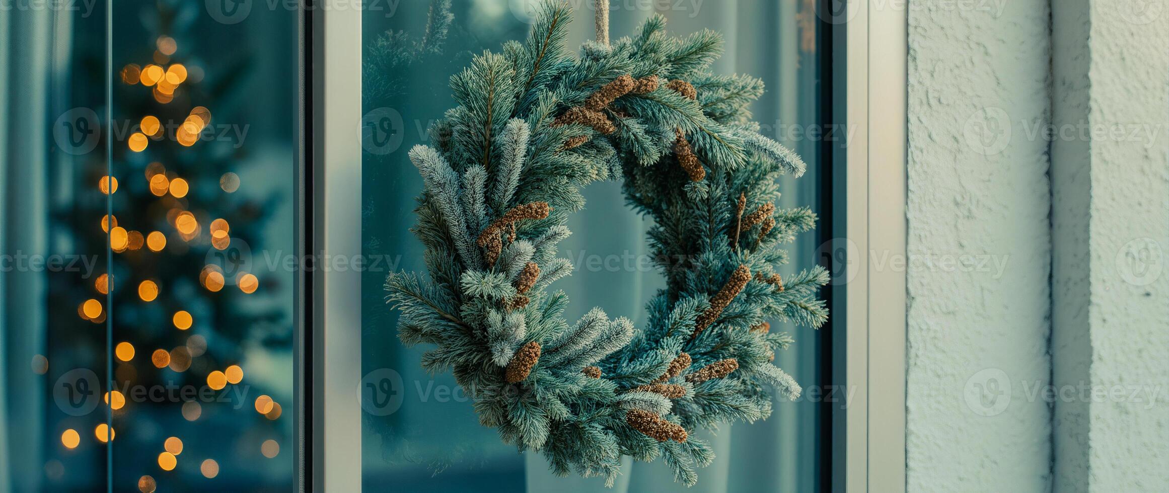 frosted evergreen wreath with pine cones photo