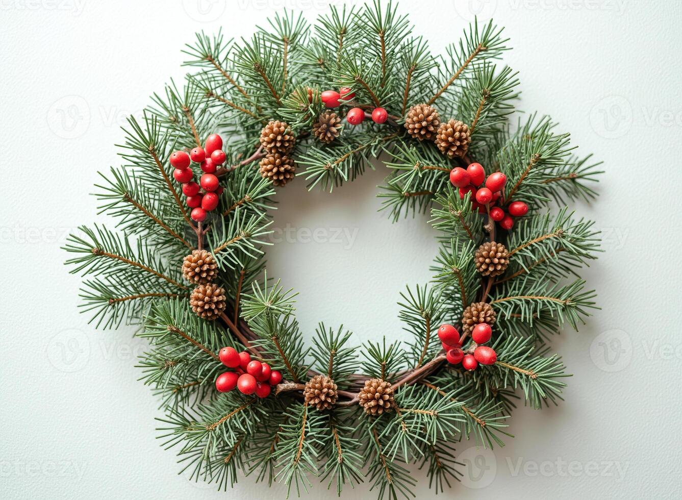 festive winter wreath green branches red berries brown pinecones photo