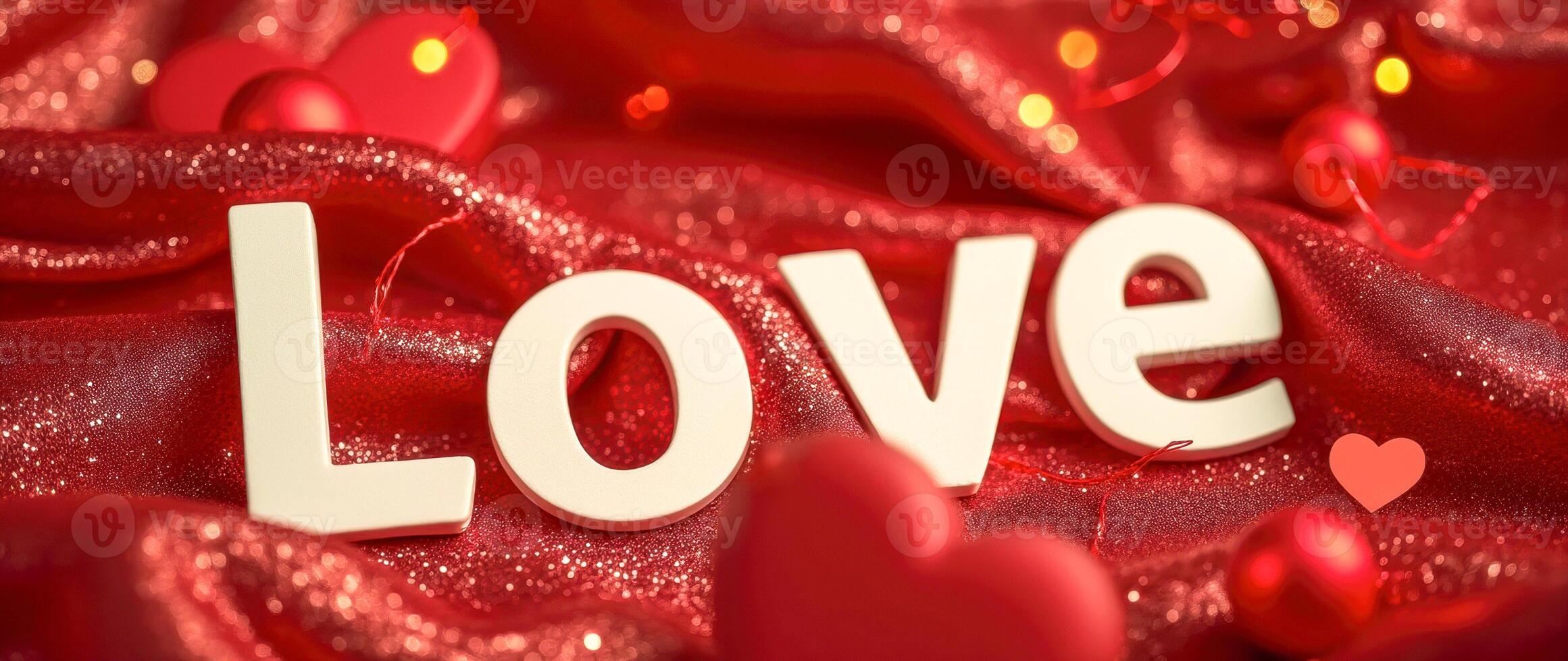 white block letters forming the word love on red glittering fabric photo