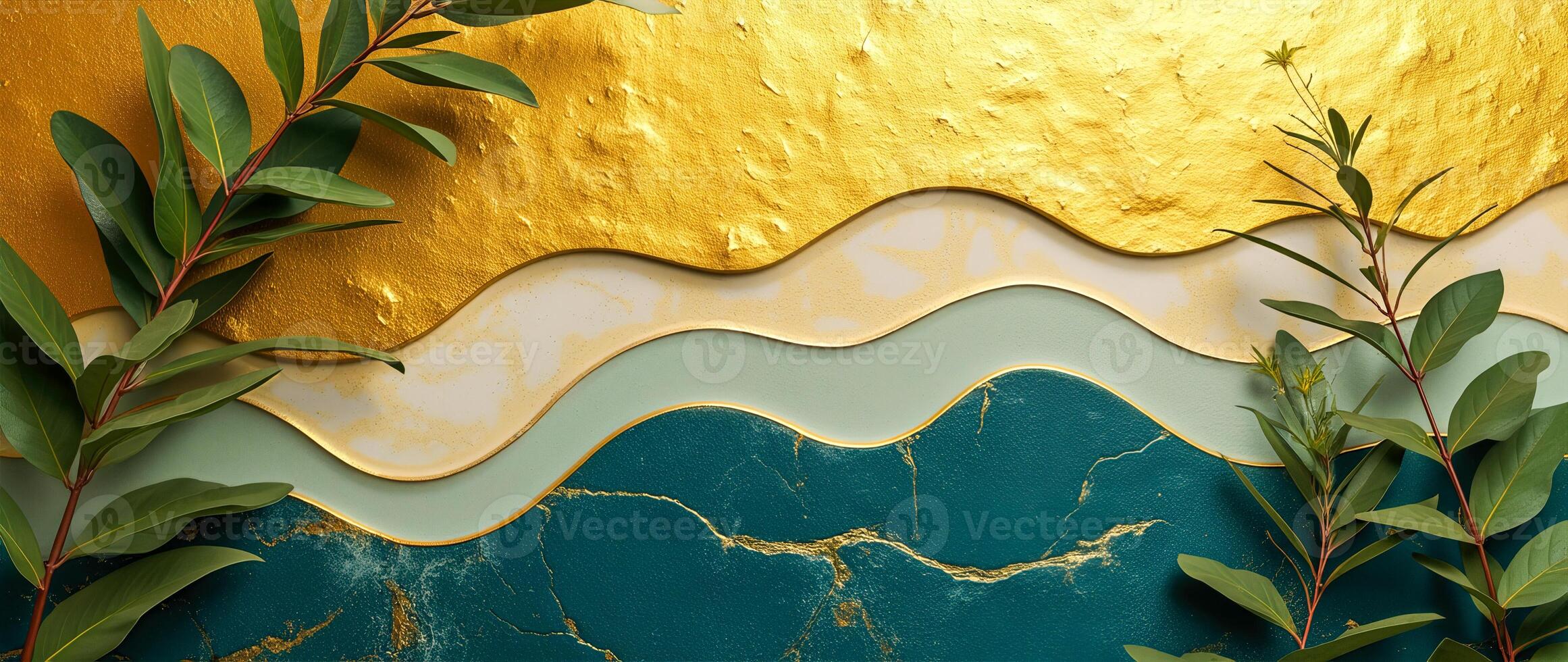 green leaves on a wavy gold teal textured background photo