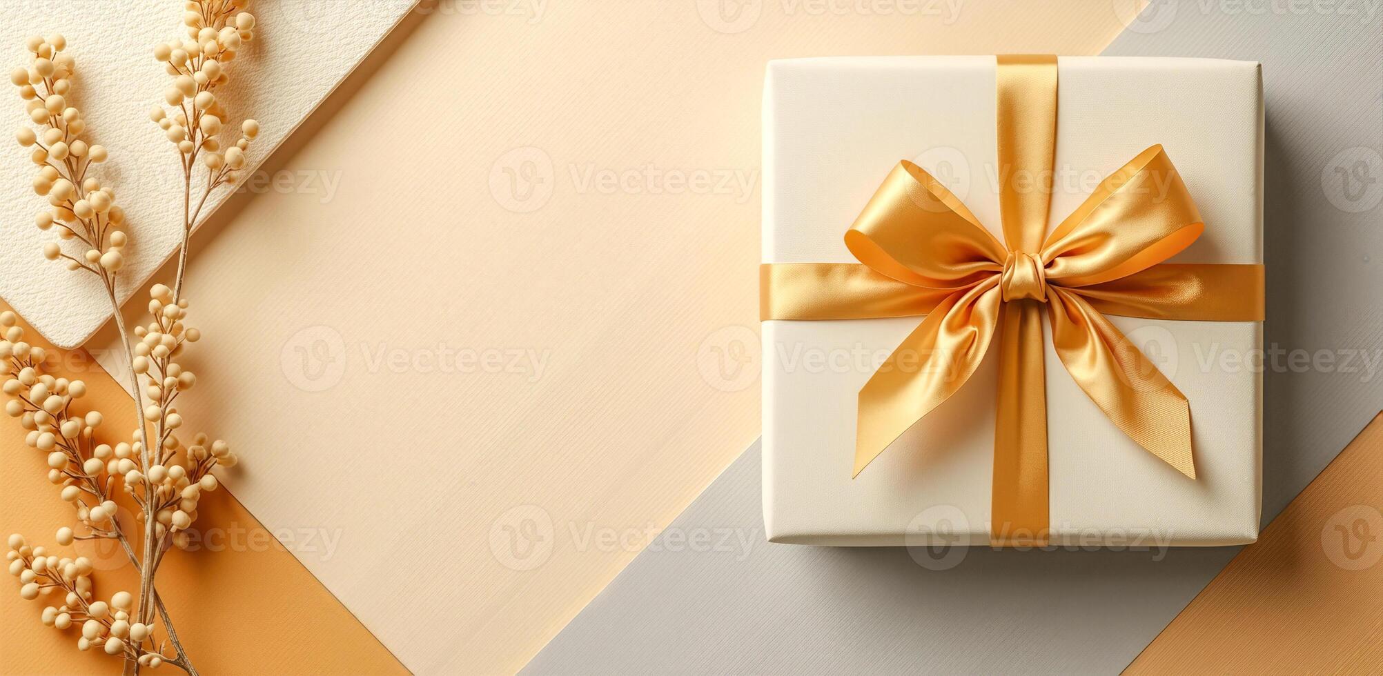 gift box with golden ribbon beige berries photo