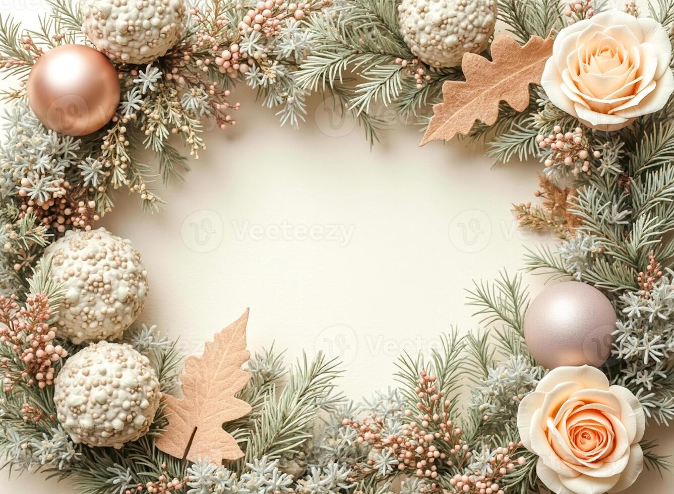 circular frame blush pink cream-colored roses decorative balls evergreen branches photo