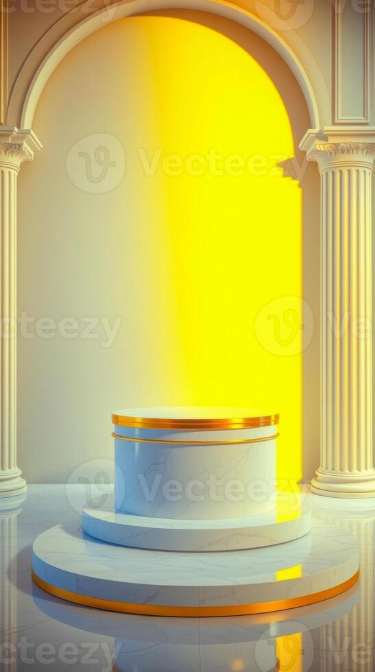 three-tiered marble platform with gold accents photo