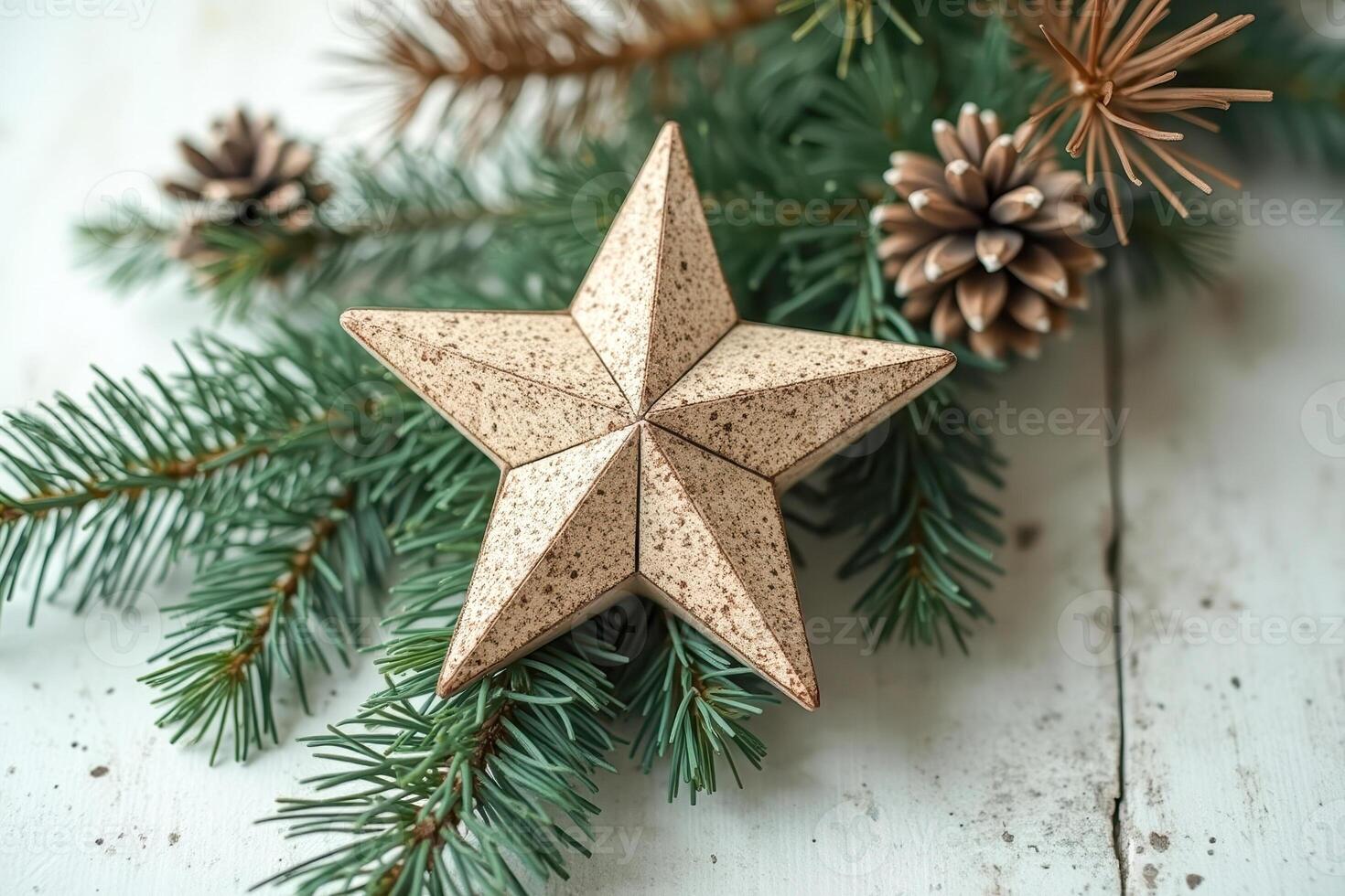 rustic beige star ornament on pine branches photo
