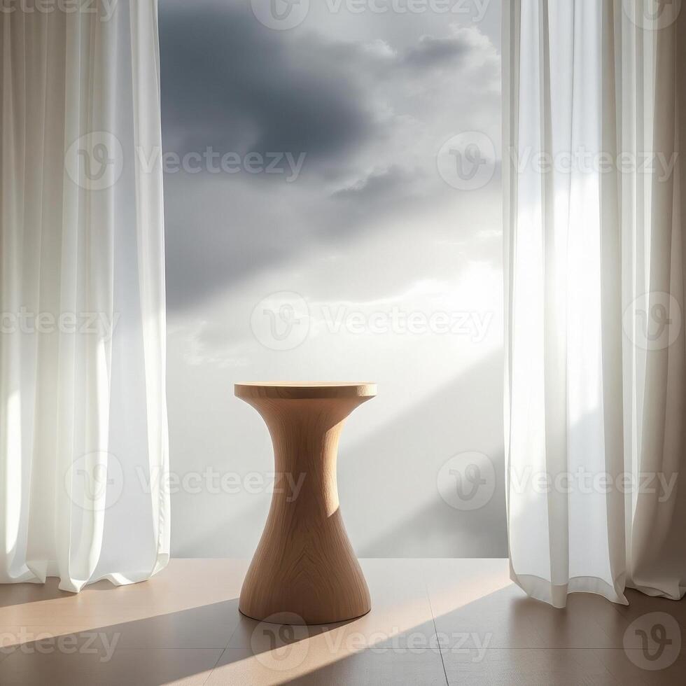 light-brown wooden pedestal sits before sheer white curtains against a cloudy sky. photo