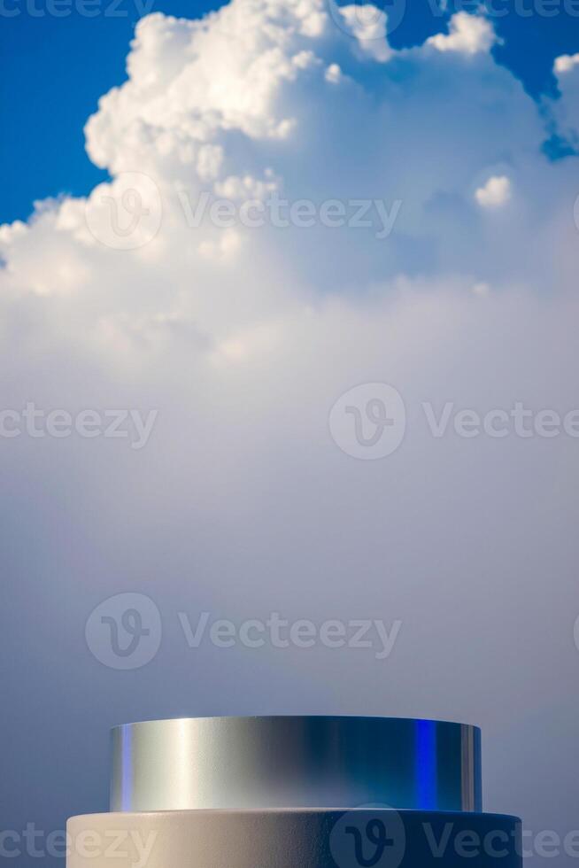 two-tiered cylindrical display stand against a cloudy sky photo