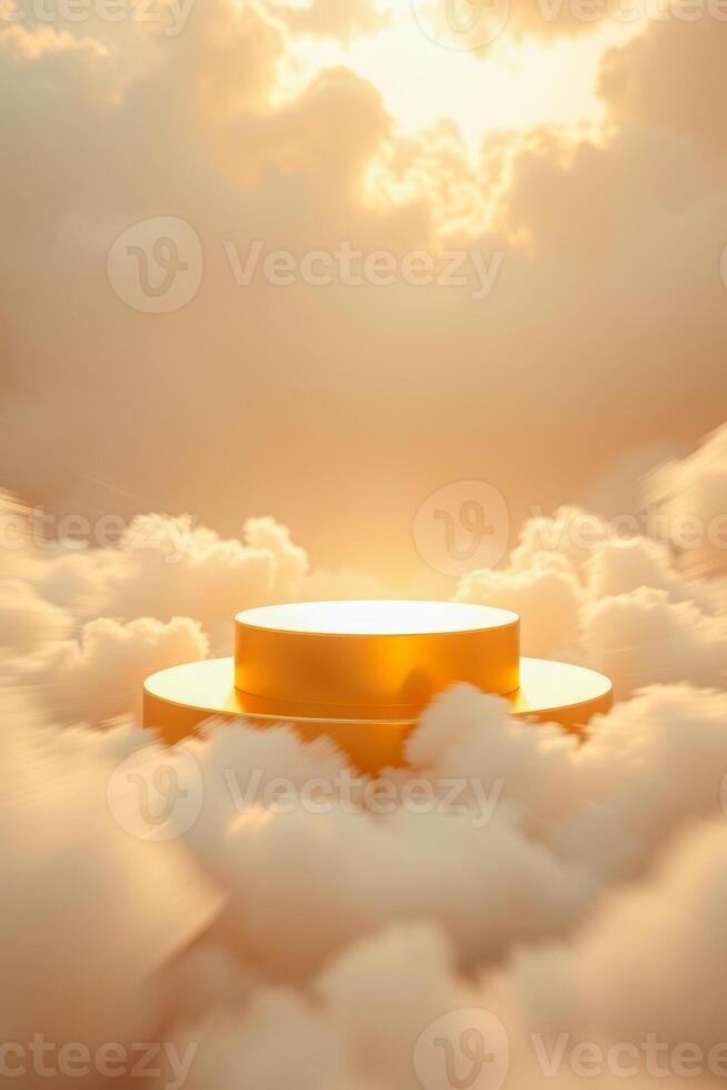 two-tiered golden circular platforms on clouds at sunset photo