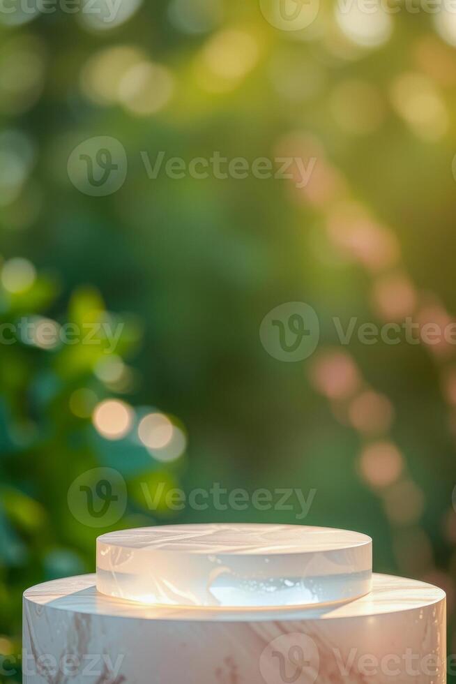 two-tiered display platforms with a natural backdrop photo
