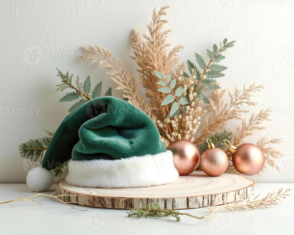 green winter hat with rose gold accents photo