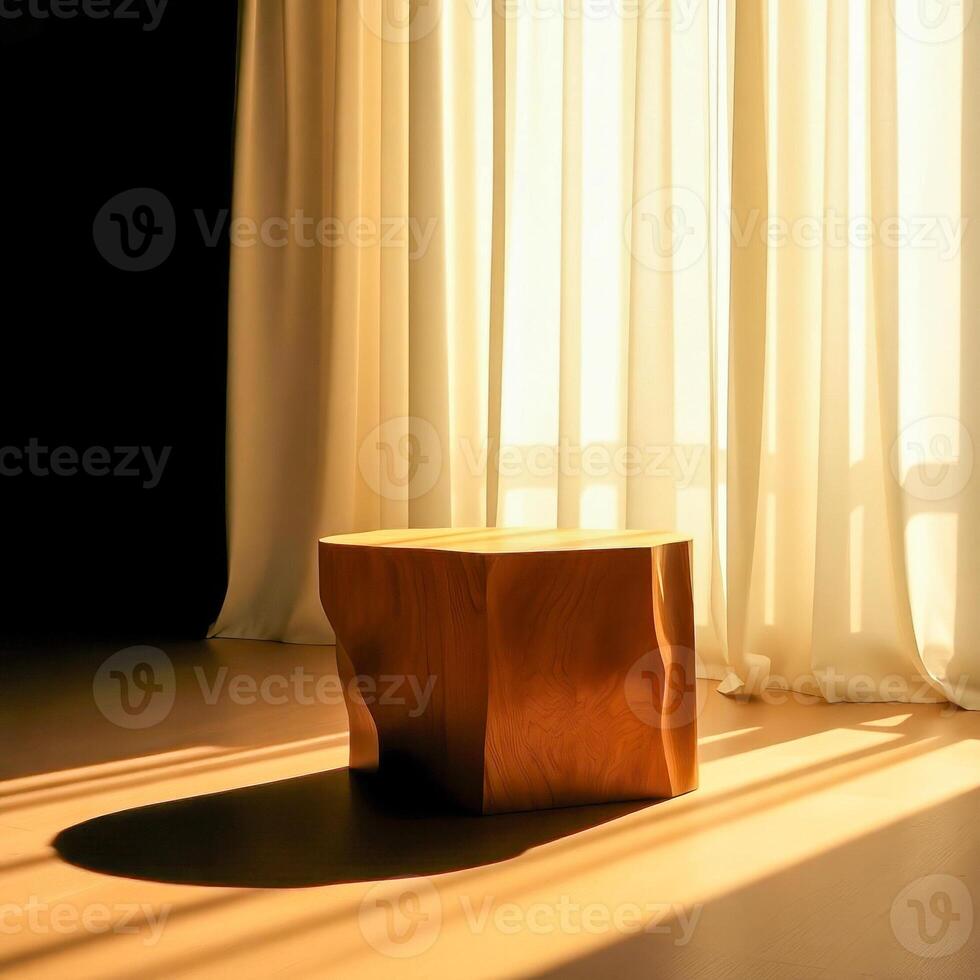 sunlit wooden pedestal near sheer curtains photo