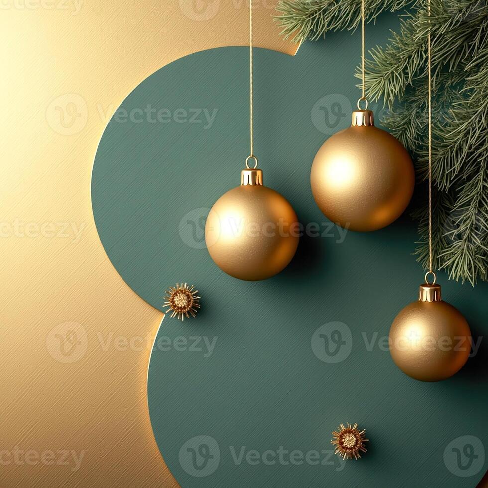 three gilded spheres hang from evergreen boughs against a teal backdrop. photo