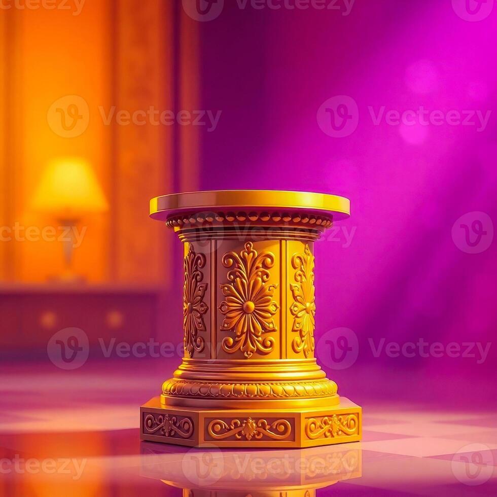ornate golden pedestal on purple background photo