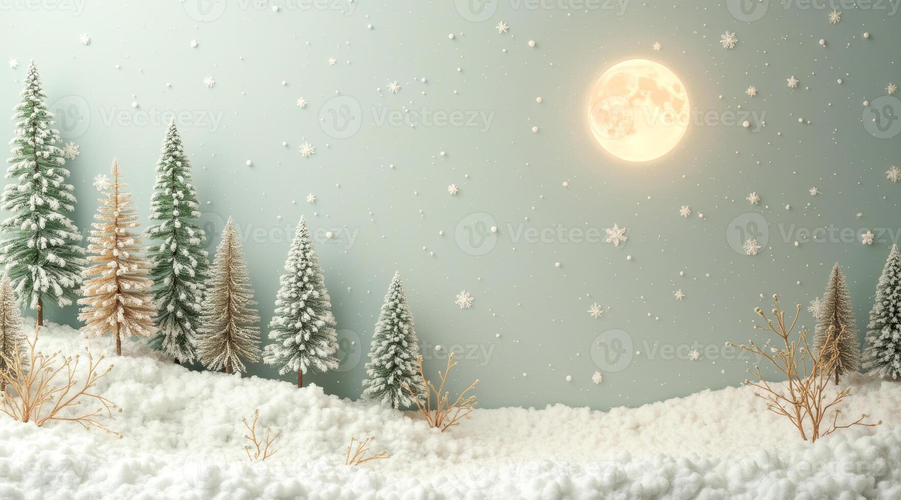 miniature snow-covered evergreens under a luminous moon photo
