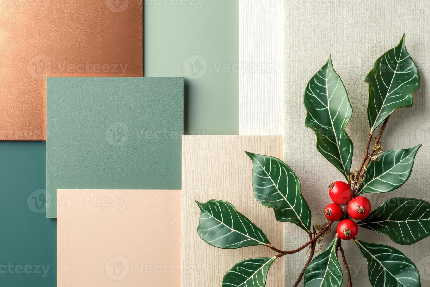 green branch with red berries on textured background photo