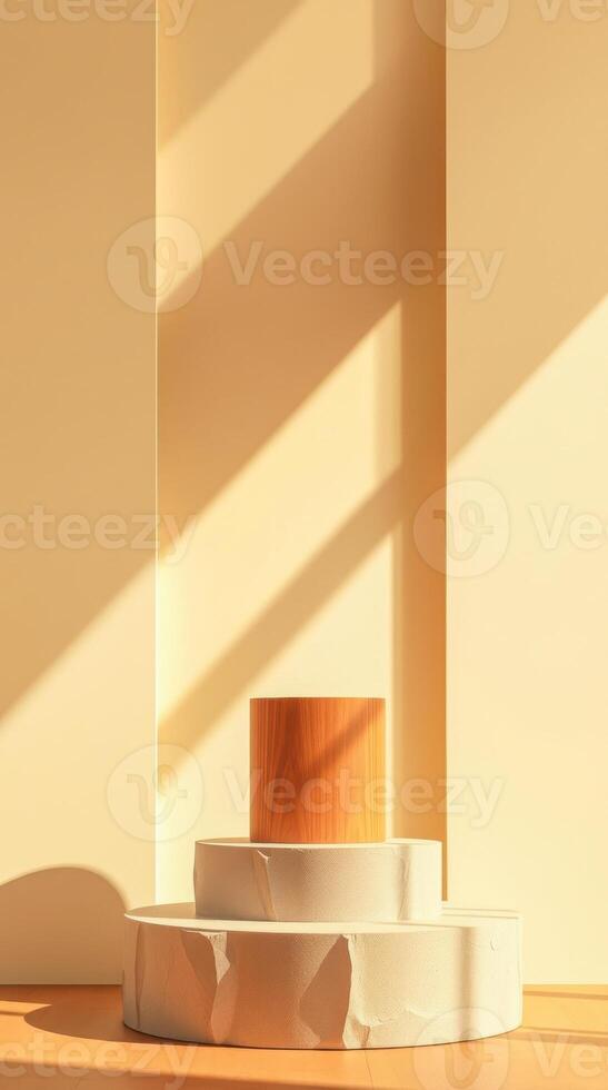 three-tiered cylindrical wooden textured display stand photo
