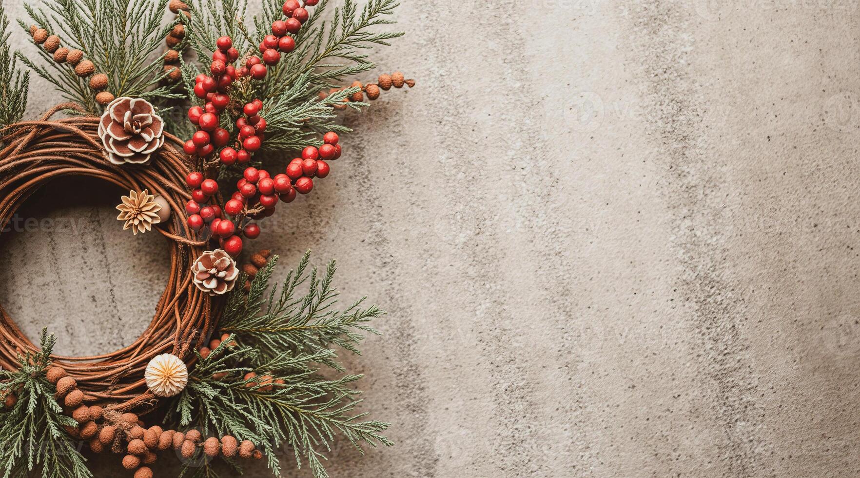 rustic brown wicker wreath with red berries evergreen branches photo