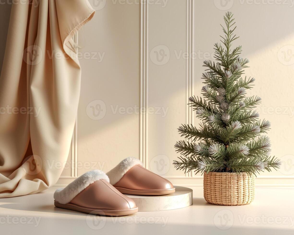 rose gold slippers with white trim small potted evergreen tree photo