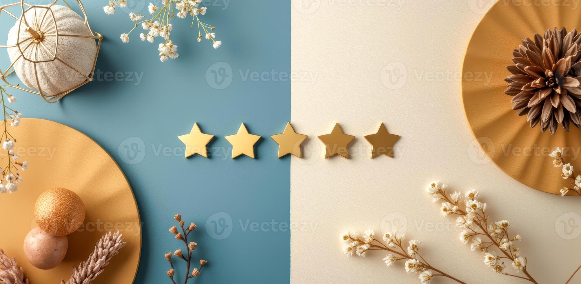 four golden stars on a two-tone background with autumnal decor photo