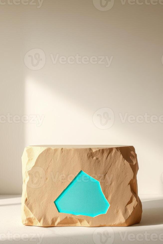tan stone form with a cyan light cutout serves as a display stand. photo