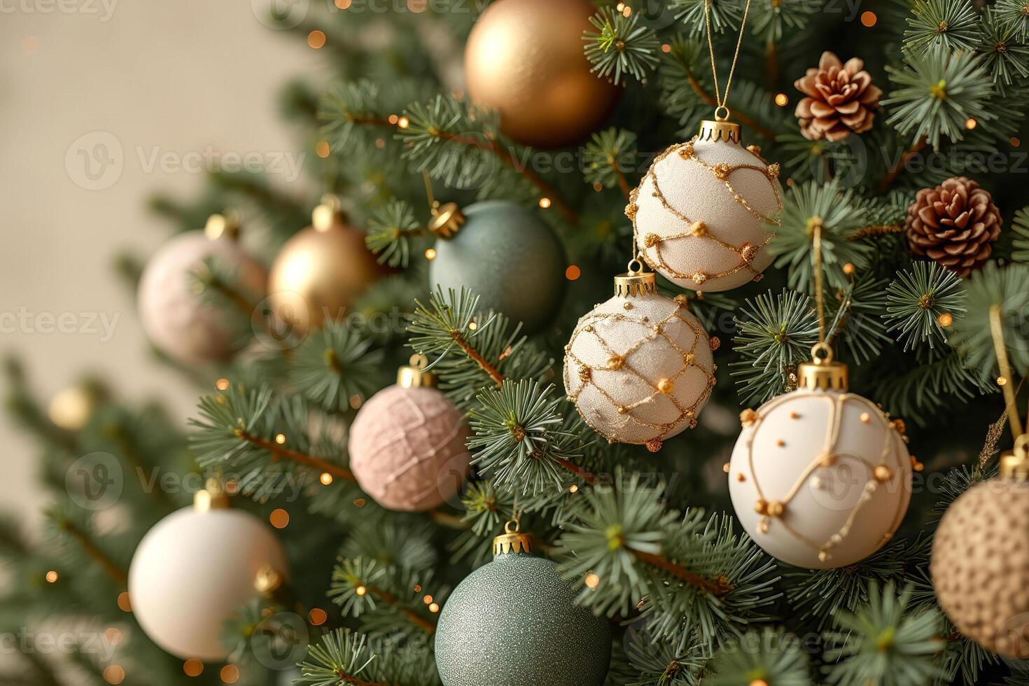 close- an evergreen tree adorned with elegant ornaments photo