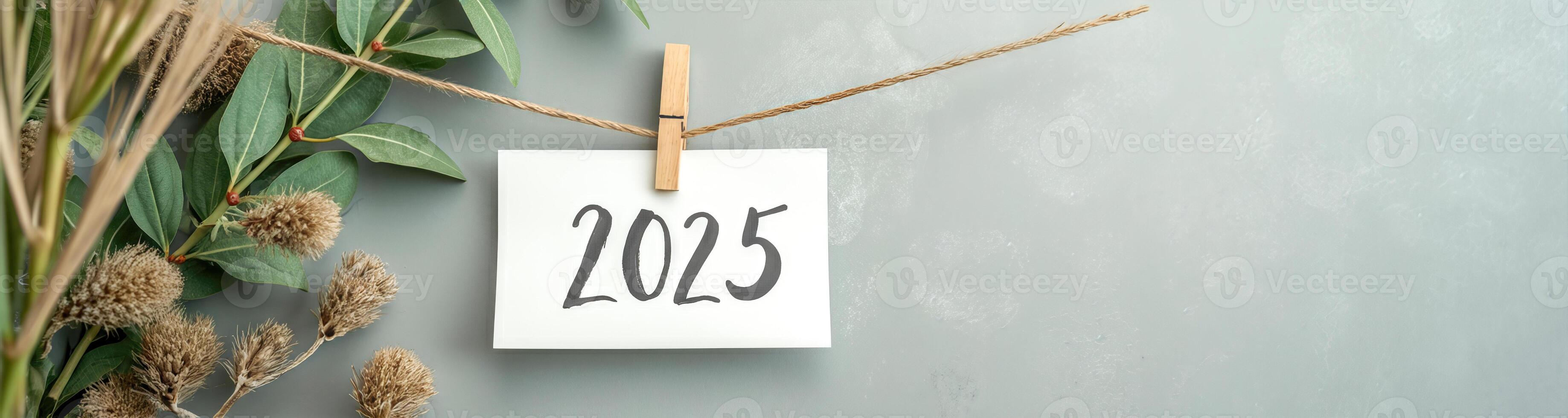 number 2025 on a square hanging from twine with plants photo