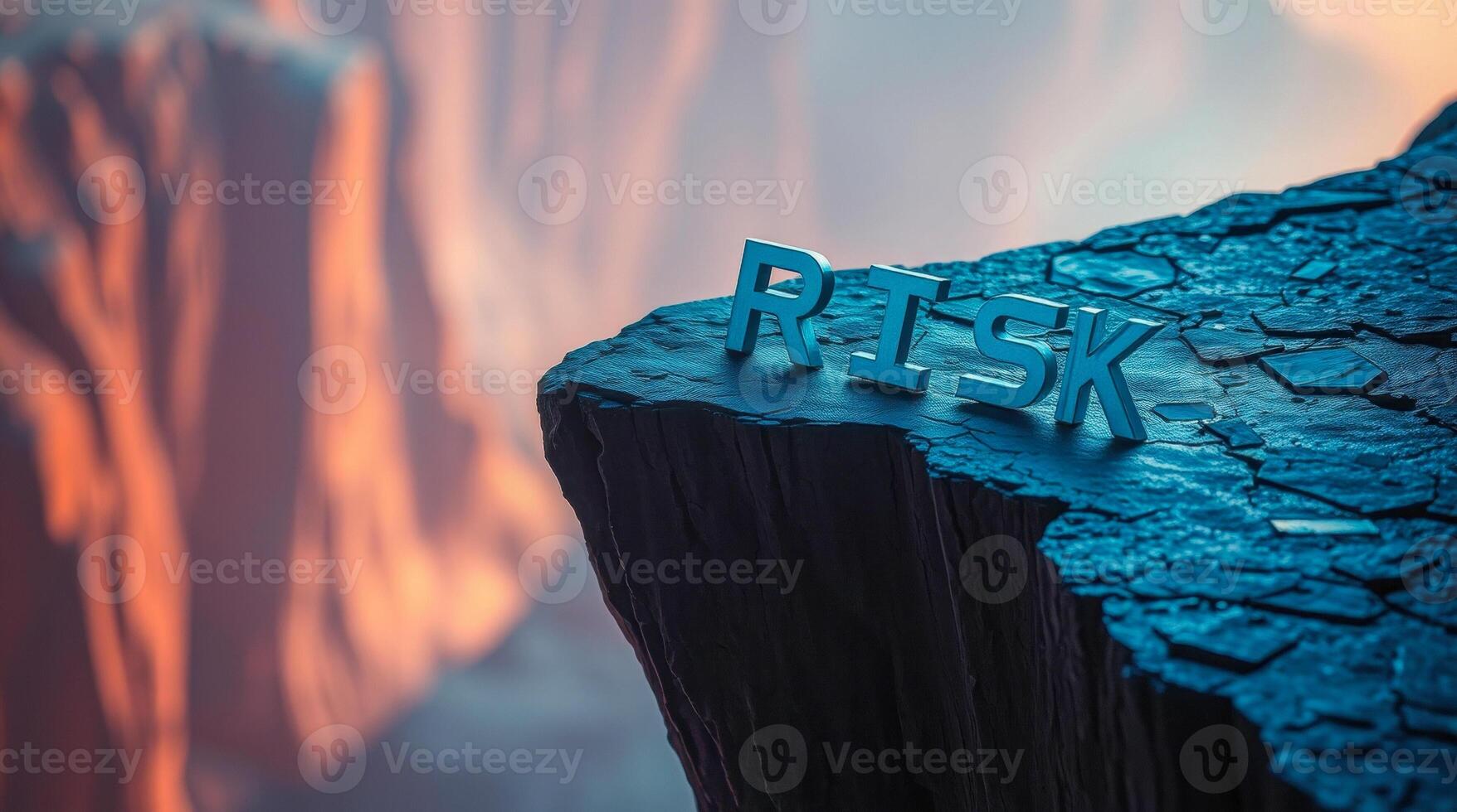 blue letters spell risk on precarious cliff edge photo