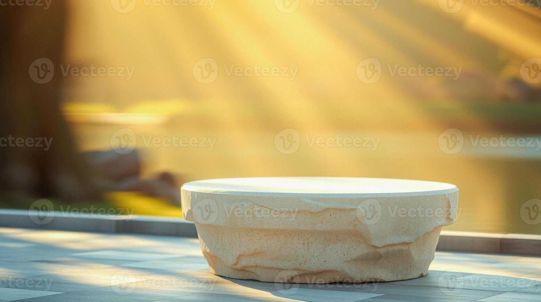 creamy white stone pedestal a garden setting photo