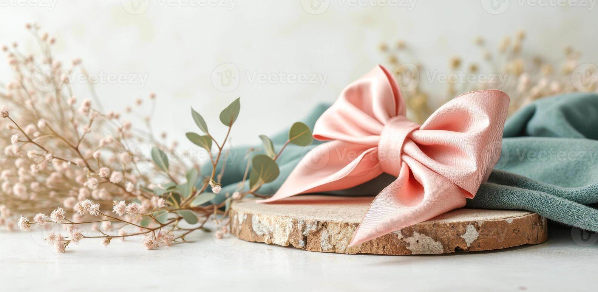 pale pink satin ribbon bow on rustic wooden slice photo