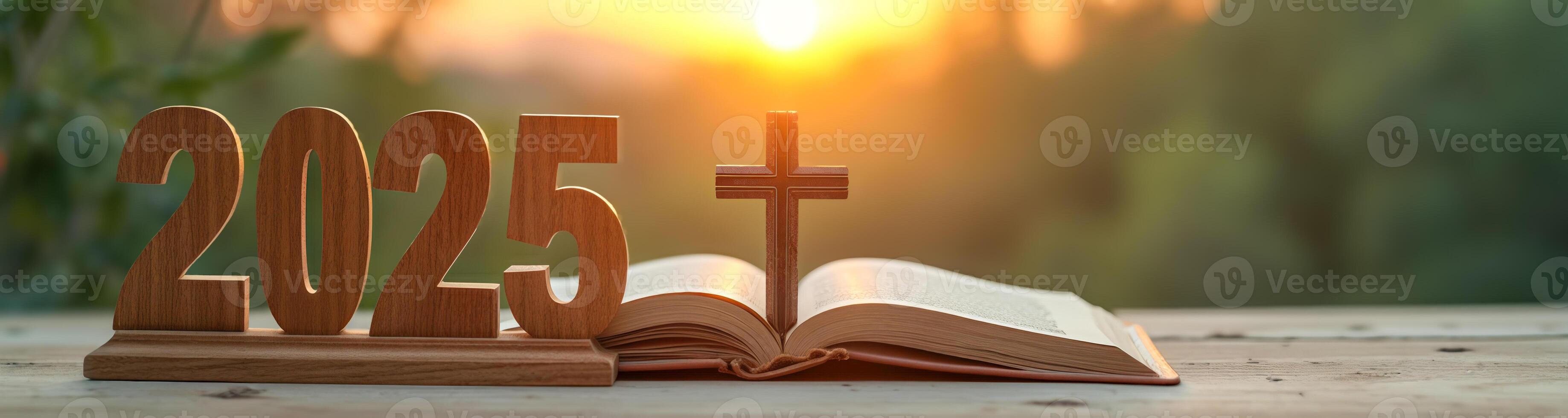 wooden numbers 2025 open book at sunset photo