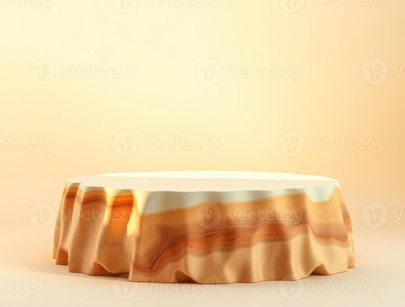 digitally rendered round pedestal with a draped wood-like base. photo